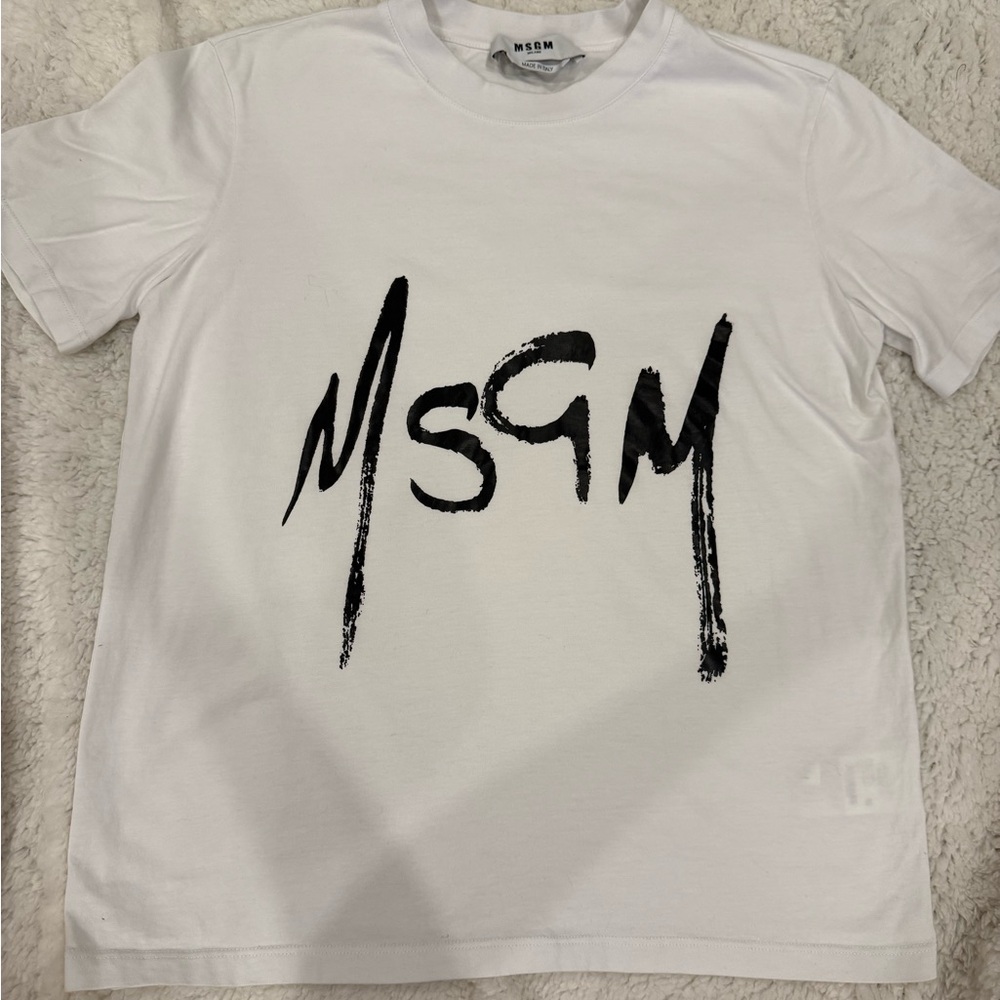 MSGM White Short Sleeve Tee with Black Graffiti Print